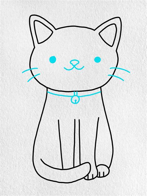 Draw the ears of the cat. To draw the ears of the cat, use pointed shapes that look like triangles. Depict the cat’s tail. You can draw this detail using curved lines. Add the eyes of the cat. Draw two details in the central part of the head of the cartoon cat, as shown in the picture. Draw the cat’s nose and mouth.
